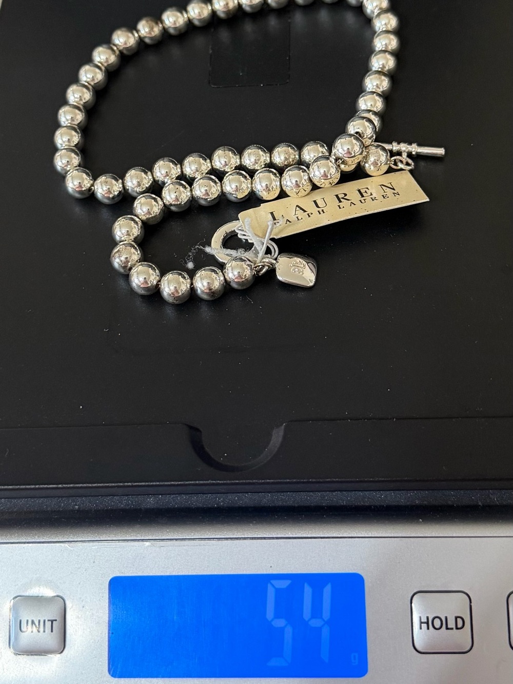 Lauren Ralph Lauren Silver Beaded Necklace | 5mm Ball Beads | Toggle Clasp + LRL - Picture 7 of 7
